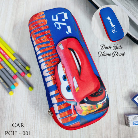 Pencil case with car design on a wooden surface with stationery items.
