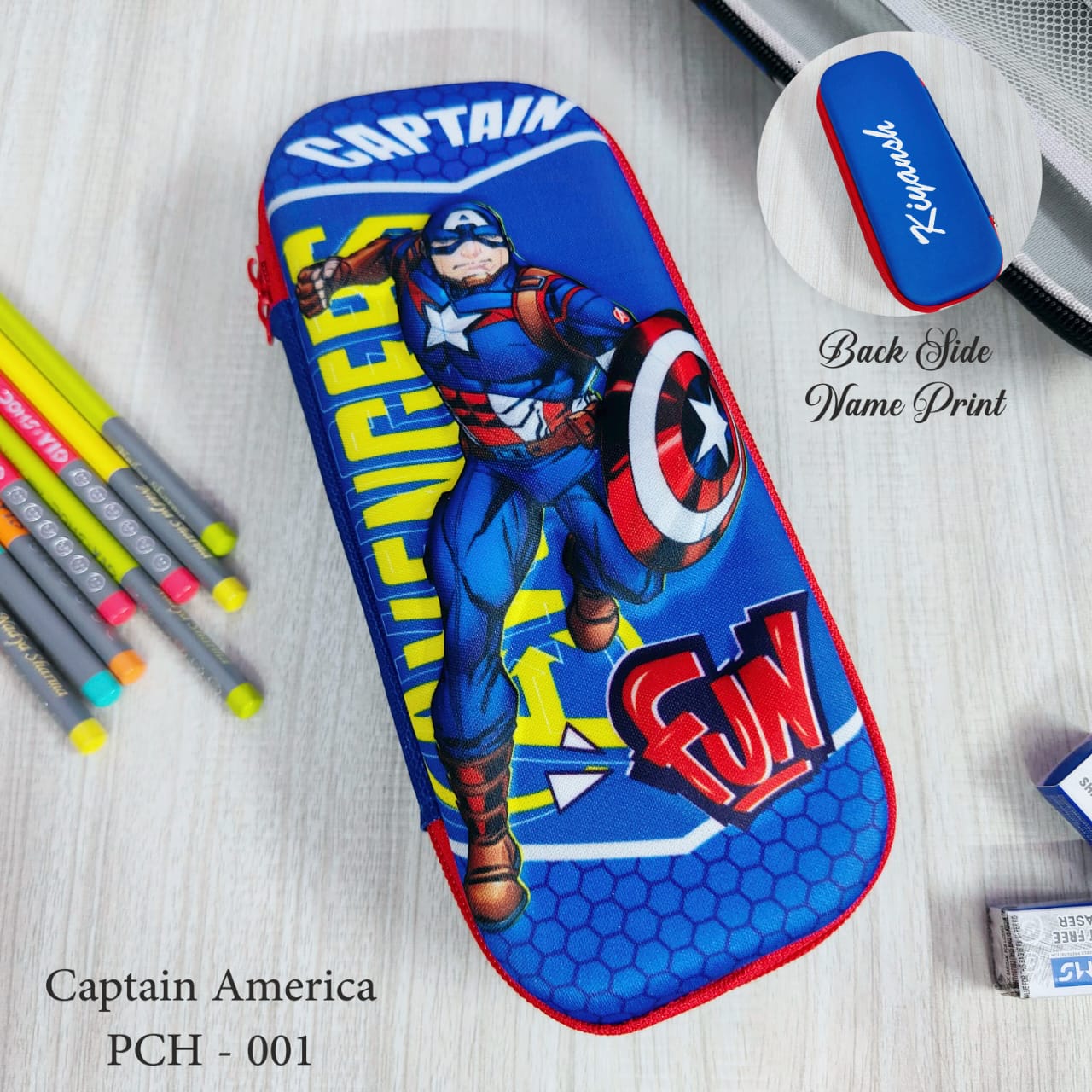 Captain America pencil case with pens on a light gray background