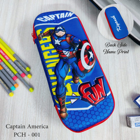 Captain America pencil case with pens on a light gray background