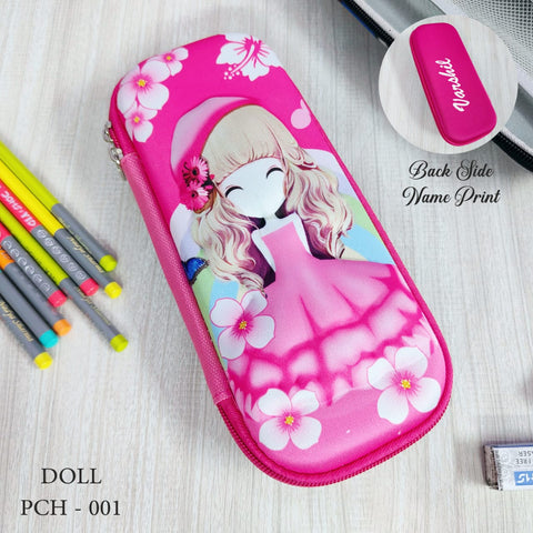 Pink pencil case with cartoon design on a light wooden surface with stationery items.