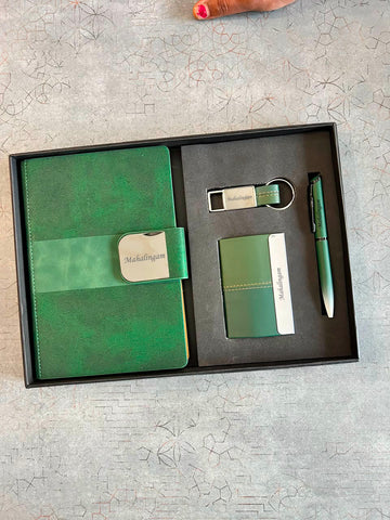 Personalized 4-in-1 Ivory Gift Set – Custom Name A5 Diary, Dual Tone Pen, Keychain & Card Holder Combo