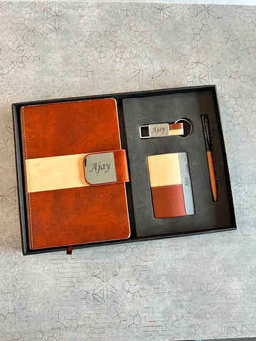 Personalized 4-in-1 Ivory Gift Set – Custom Name A5 Diary, Dual Tone Pen, Keychain & Card Holder Combo