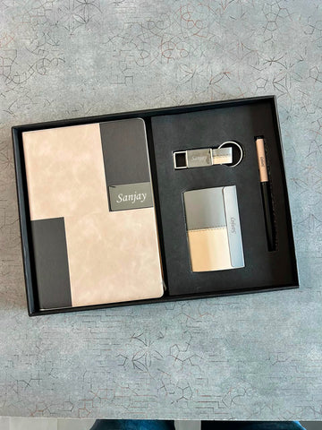 Personalized 4-in-1 Ivory Gift Set – Custom Name A5 Diary, Dual Tone Pen, Keychain & Card Holder Combo