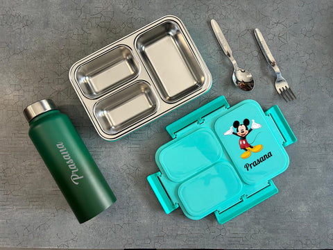 Personalized Kids 3-Partition Bento Box & Dual Tone Bottle Set – Custom Name Cartoon Character Back to School Combo