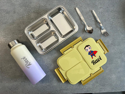 Personalized Kids 3-Partition Bento Box & Dual Tone Bottle Set – Custom Name Cartoon Character Back to School Combo