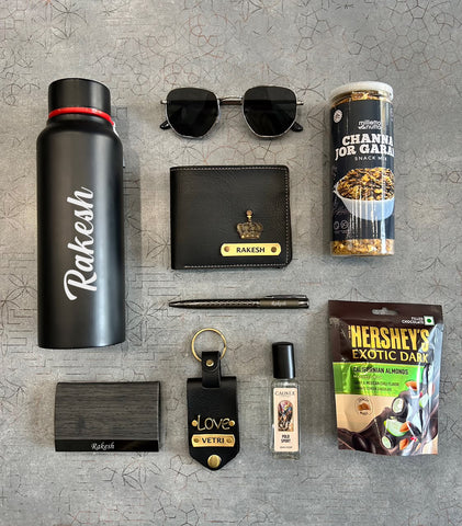 Personalized Father's Day Premium Gift Combo – 9-Piece Custom Name Set with Perfume, Wallet, Sunglasses & Snacks