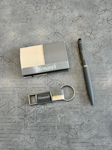Personalized Dual Tone 3-in-1 Gift Set – Custom Name Card Holder, Metal Hook Keychain & Pen Combo