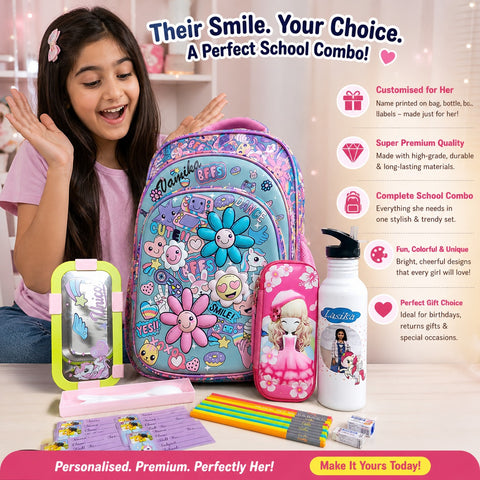 Personalized Back to School Bag Hamper for Girls – 6-Piece Custom Name 16-Inch School Bag Set (Class 2–8)