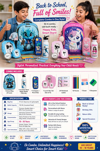 Personalized Premium School Bag Hamper for Teenagers – 7-Piece Custom Name 19-Inch Set with Warranty (Up to Class 12)