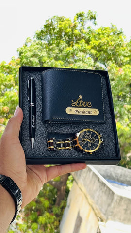 Personalized Men's Gift Combo – Custom Name NEXON Wallet, Metal Pen & Chain Watch 3-Piece Set