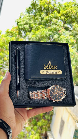 Personalized Men's Gift Combo – Custom Name NEXON Wallet, Metal Pen & Chain Watch 3-Piece Set