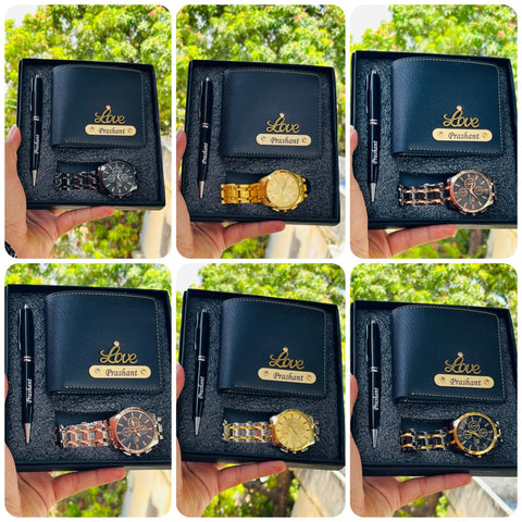 Personalized Men's Gift Combo – Custom Name NEXON Wallet, Metal Pen & Chain Watch 3-Piece Set