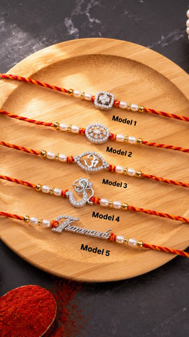 925 Pure Silver Rakhi with Pearl Thread — 5 Designs