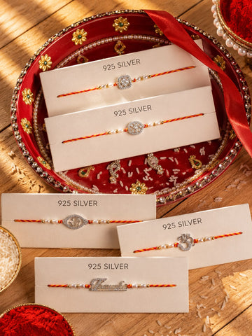 925 Pure Silver Rakhi with Pearl Thread — 5 Designs