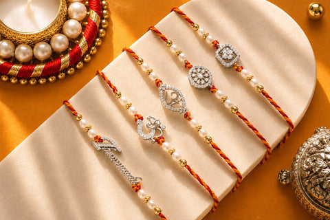 925 Pure Silver Rakhi with Pearl Thread — 5 Designs