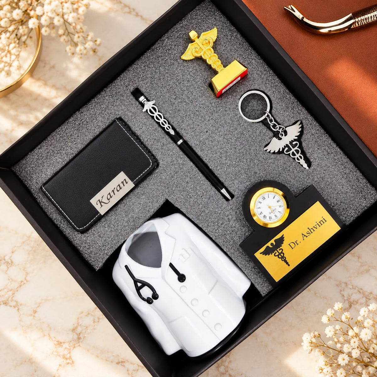 Personalized Doctor Gift Hamper - Desk Clock Stand, Pen, Keychain, Paperweight & Card Holder