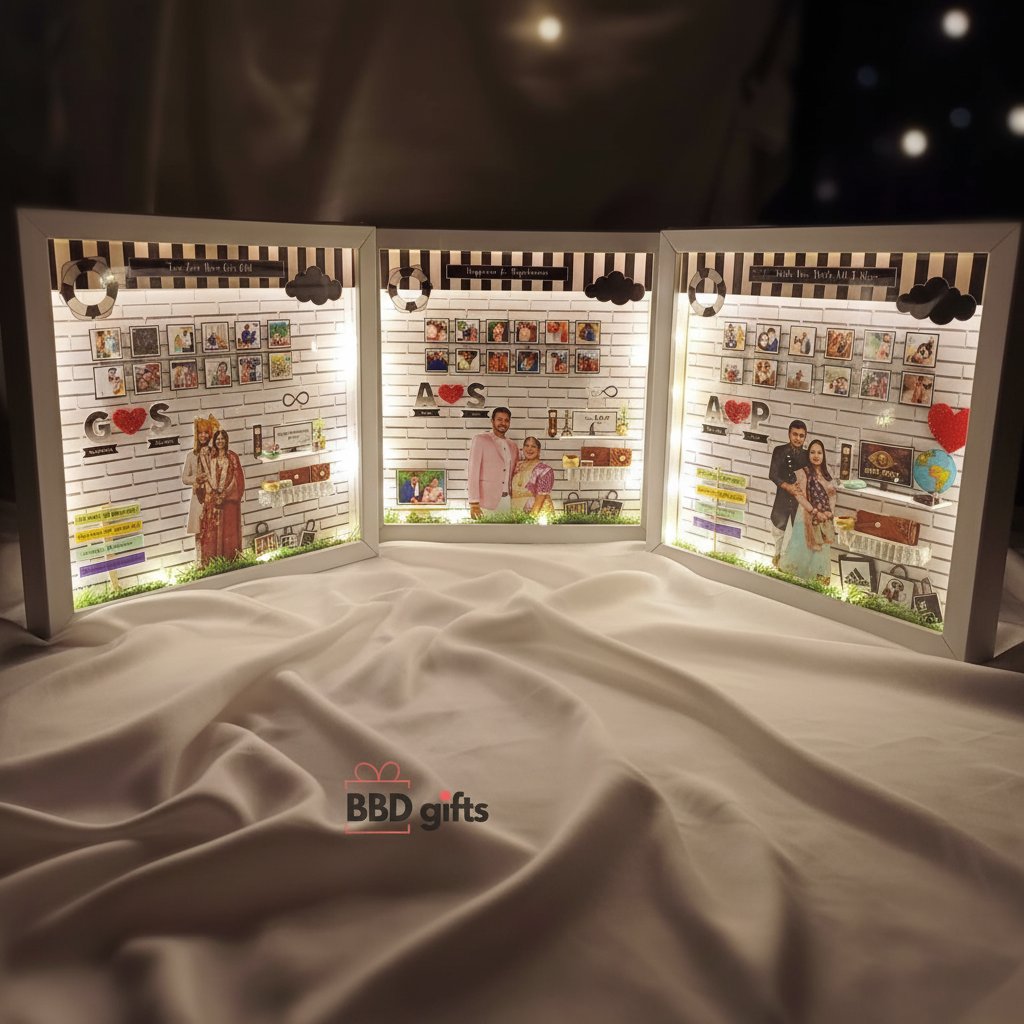 Three-dimensional display case with various items and a 'BBD gifts' logo.