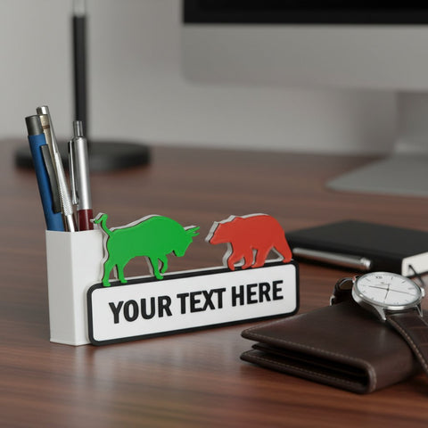 Custom Bull Bear Desk Organizer & Pen Stand - Stock Market Gift