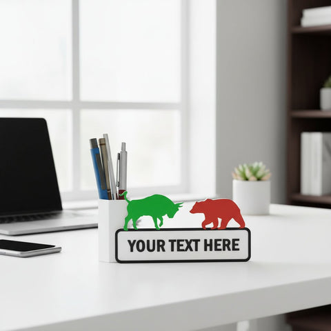 Custom Bull Bear Desk Organizer & Pen Stand - Stock Market Gift