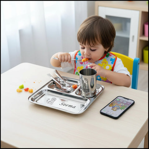 Personalized Elsa Kids Bhaji Plate Set - Stainless Steel Meal Kit
