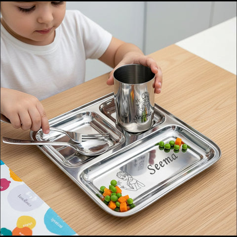 Personalized Elsa Kids Bhaji Plate Set - Stainless Steel Meal Kit