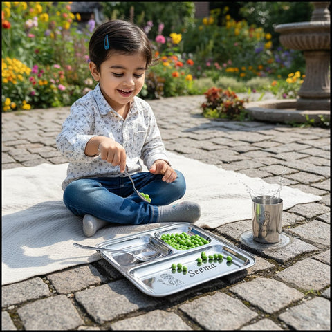 Personalized Elsa Kids Bhaji Plate Set - Stainless Steel Meal Kit