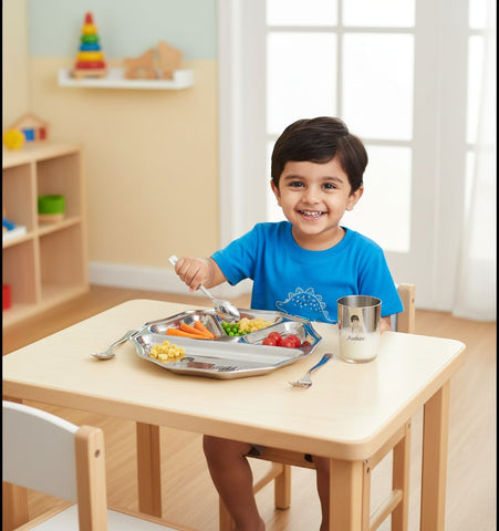 Personalized Kids Hexagonal Stainless Steel Dinner Set - Engraved Name & Sketch