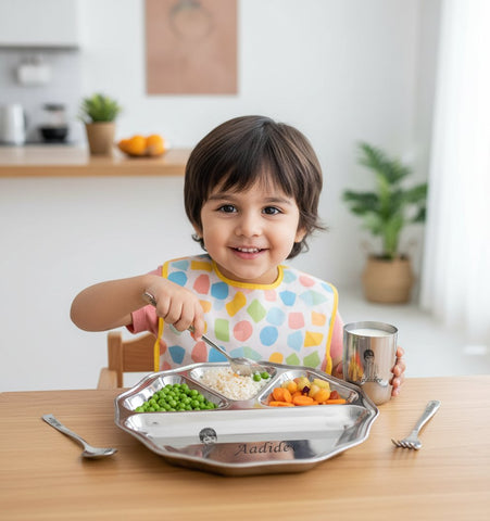 Personalized Kids Hexagonal Stainless Steel Dinner Set - Engraved Name & Sketch