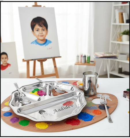 Personalized Kids Hexagonal Stainless Steel Dinner Set - Engraved Name & Sketch