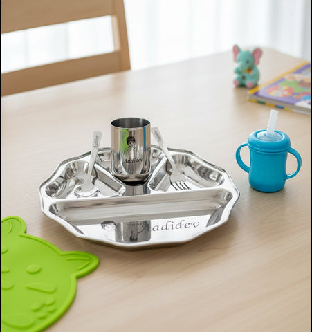 Personalized Kids Hexagonal Stainless Steel Dinner Set - Engraved Name & Sketch