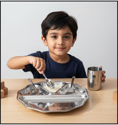 Personalized Kids Hexagonal Stainless Steel Dinner Set - Engraved Name & Sketch