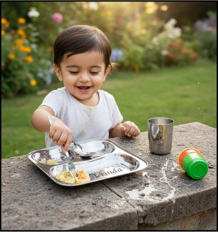 Personalized Kids Thali Set - Engraved Stainless Steel Plate