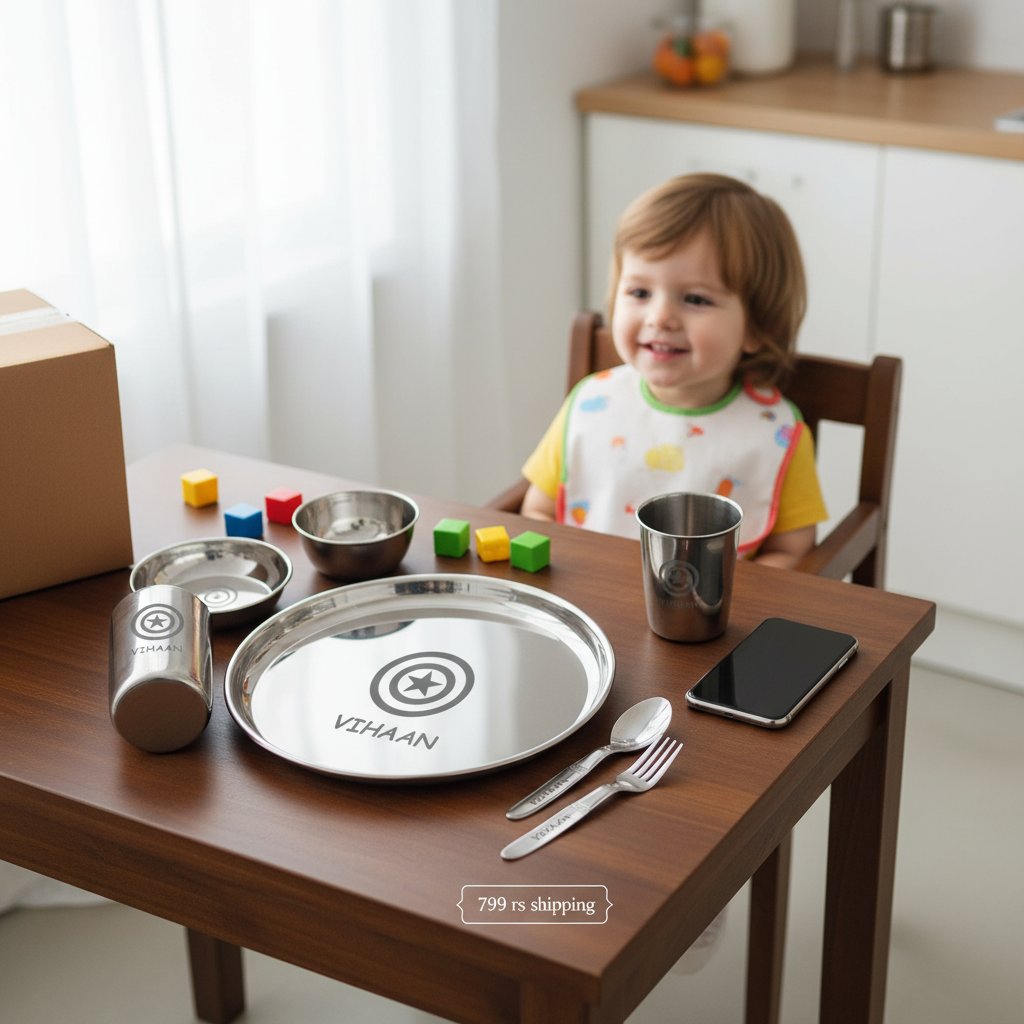 Personalized Stainless Steel Kids Dinner Set - Engraved Gift