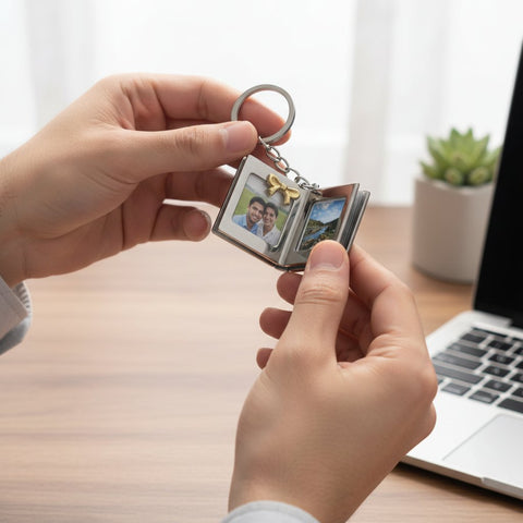 Custom Book Photo Keychain | Engraved Names & 2 Pictures