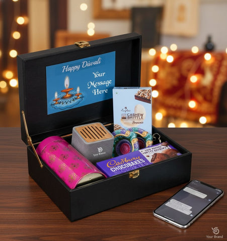 Personalized Black Trunk Gift Hamper | Dry Fruits & Bluetooth Speaker