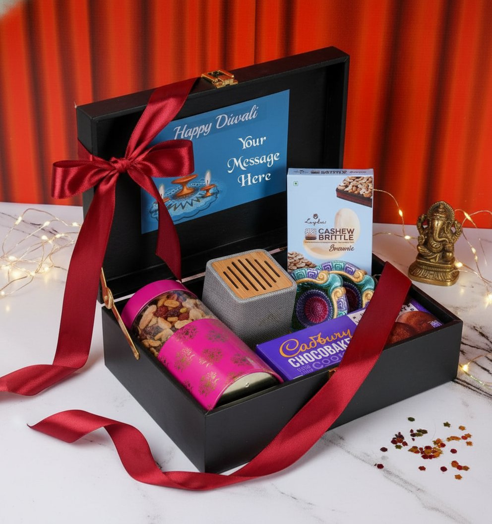 Personalized Black Trunk Gift Hamper | Dry Fruits & Bluetooth Speaker