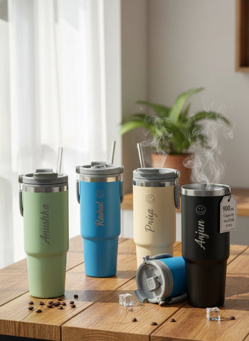 Personalized Smiley Car Cup - Custom Insulated Mug with Straw