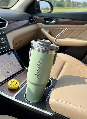 Personalized Smiley Car Cup - Custom Insulated Mug with Straw