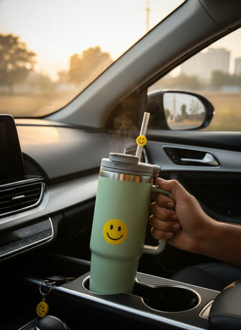 Personalized Smiley Car Cup - Custom Insulated Mug with Straw