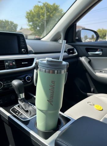 Personalized Smiley Car Cup - Custom Insulated Mug with Straw