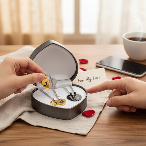 Personalized Heart Couple Necklace | Engraved Split Pendant Set