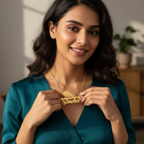 Custom Name Gold Plated Necklace | Peacock Flute Design