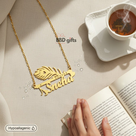 Custom Name Gold Plated Necklace | Peacock Flute Design