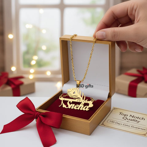 Custom Name Gold Plated Necklace | Peacock Flute Design