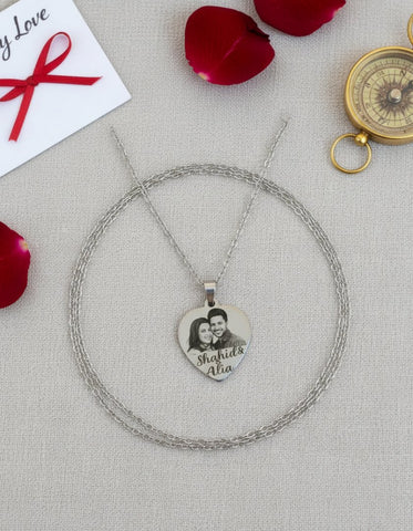 Custom Photo & Name Engraved Heart Pendant | Stainless Steel
