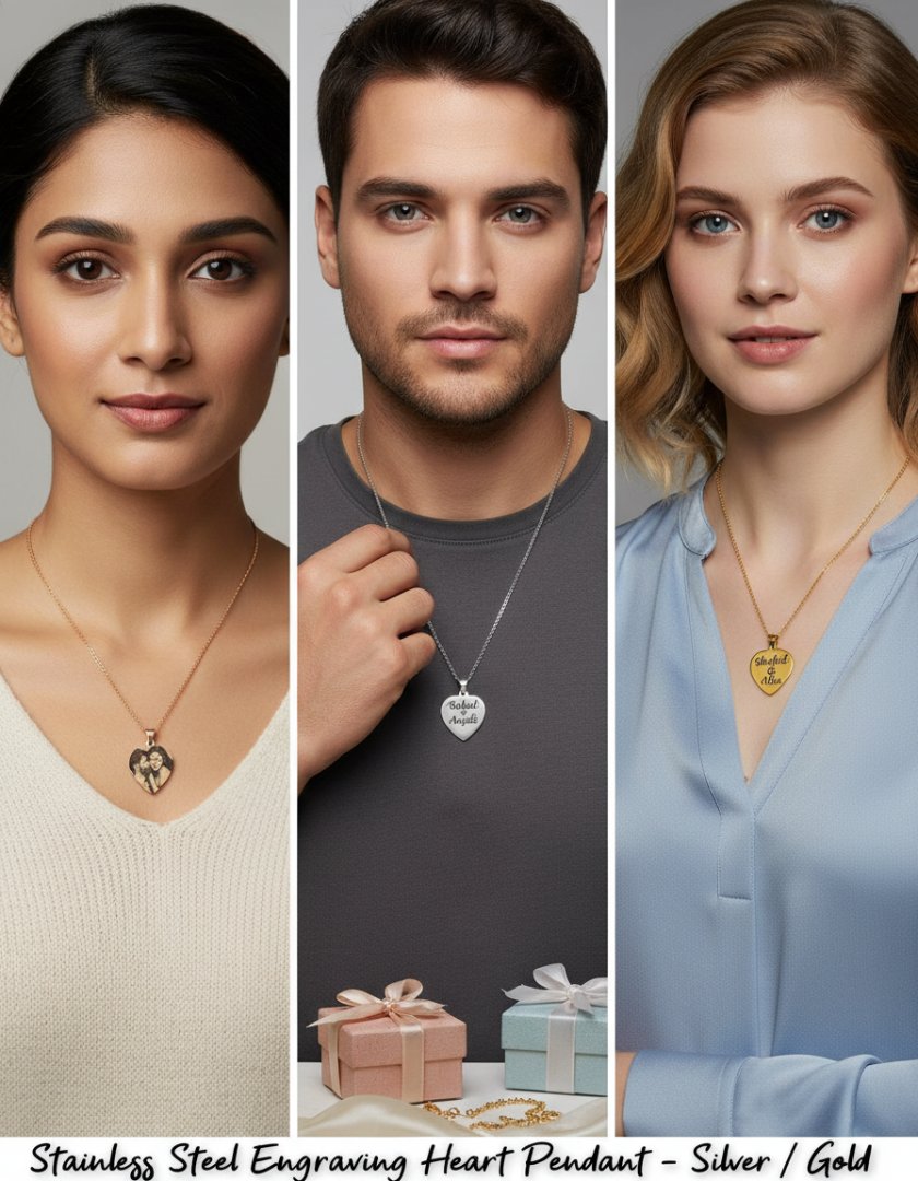 Custom Photo & Name Engraved Heart Pendant | Stainless Steel