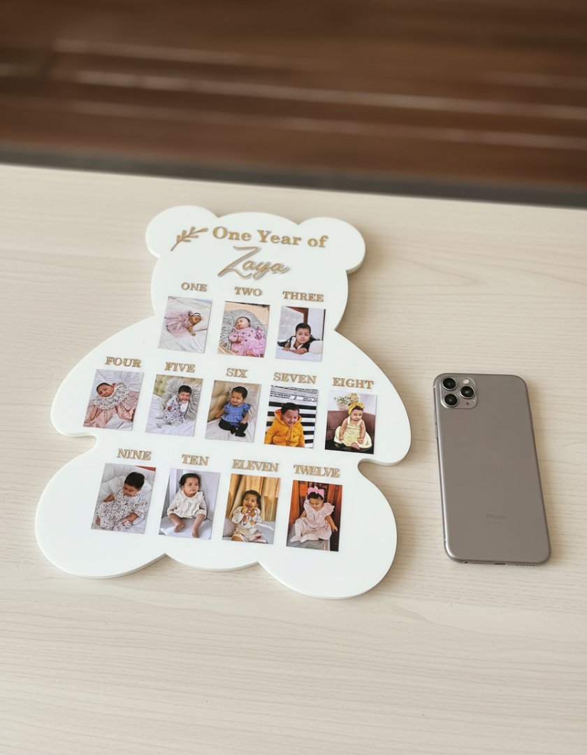 Personalized Teddy Bear 1st Year Photo Frame | Custom Baby Milestone Gift