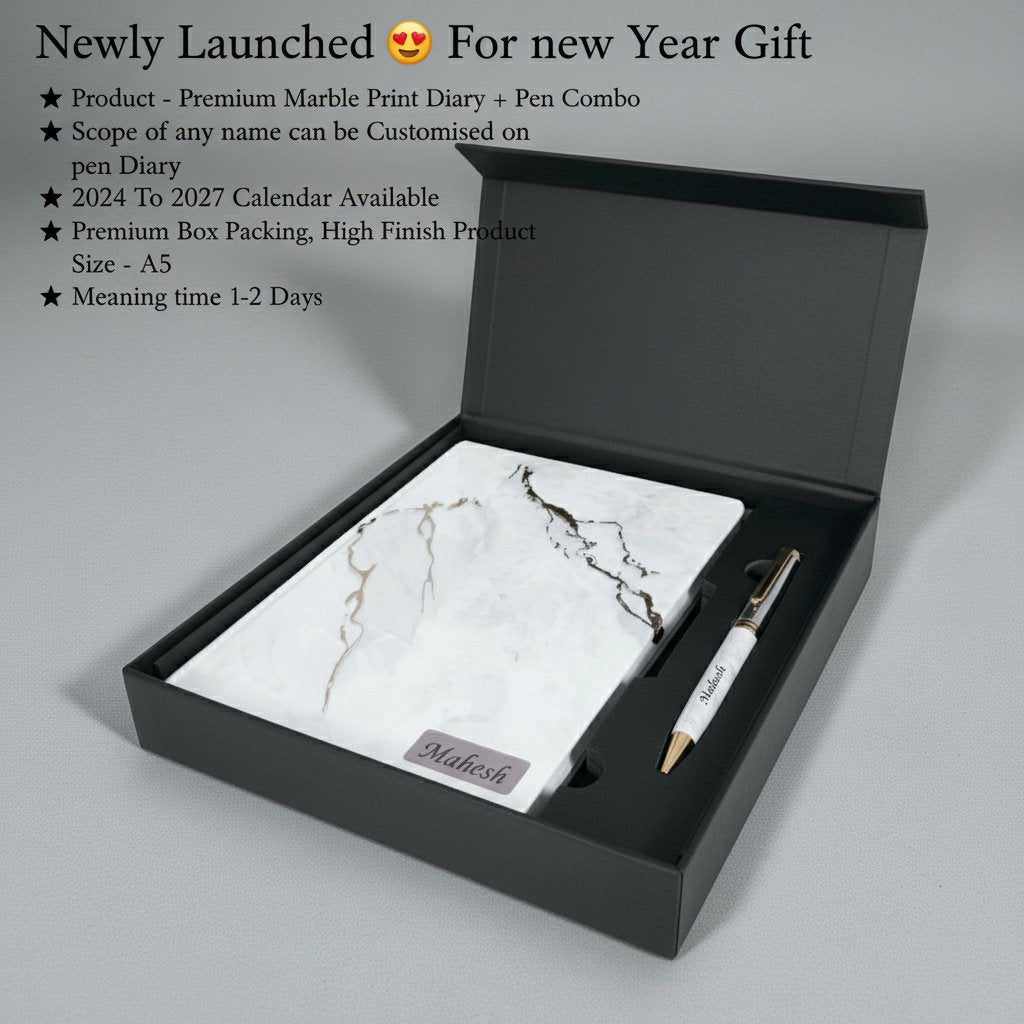 Custom Marble Diary & Pen Set | Personalized 2024-2027 Gift