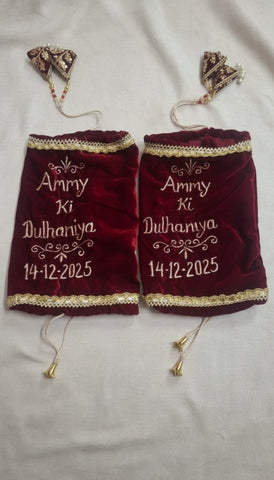 Personalized Velvet Chura Cover | Custom Name & Date Bridal Bag
