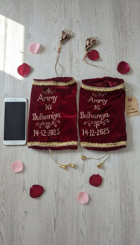 Personalized Velvet Chura Cover | Custom Name & Date Bridal Bag